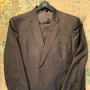 46 Regular, Traditional Cut, Charcoal Pinstripe, pleated pants and single vent.